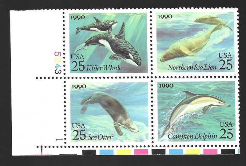 #2508-12   1990 Sea Creatures plate block MNH