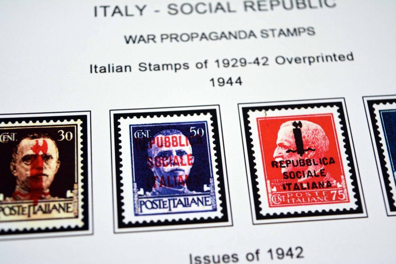 COLOR PRINTED ITALY RSI + AMG 1943-1947 STAMP ALBUM PAGES (18 illustrated pages)