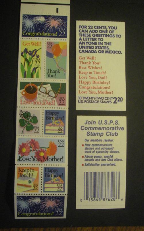 U.S. #BK 155 Booklet of Various Greetings, 1987. Exploded, MNH