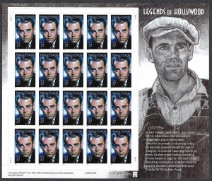 United States #3911 37¢ Henry Fonda (2005).  Full mini-sheet of 20. MNH