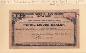 Special Tax Stamp, 1933-34 $25 Retail Liquor Dealer (54184)