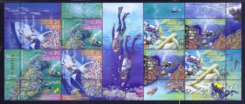 ISRAEL 2022 STAMPS SCUBA DIVING SITES IN ISRAEL SEA FISH SPECIAL SHEET MNH