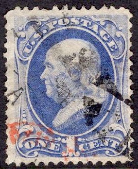 US Stamp #145 1c Ultramarine Franklin USED SCV $20