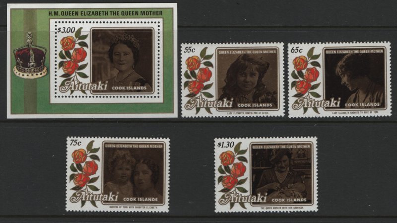 AITUTAKI  373-376, 377   MNH,   QUEEN MOTHER 85TH BIRTHDAY SET 1985