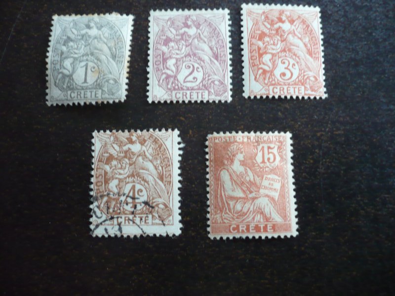 Stamps-French Offices in Crete -Scott#1-4,7 - Used & MH Part Set of 5 Stamps