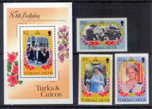 Turks and Caicos 1985 Sc#676/679 QUEEN MOTHER 85th.BIRTHDAY Set (3) + S/S MNH