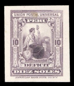 Peru #J35P, 1899 10s dull violet, proof on card, stains