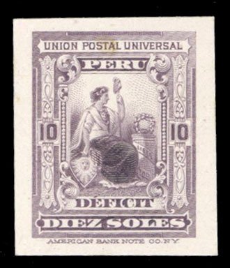 Peru #J35P, 1899 10s dull violet, proof on card, stains