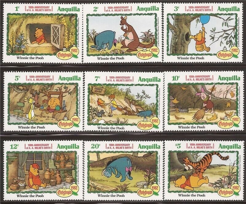 Anguilla - 1982 Disney Winnie the Pooh Christmas - 9 Stamp Set - Scott #511-9