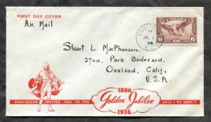 d335 - VANCOUVER 1936 Golden Jubilee Cachet on Airmail Cover to USA