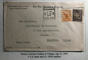 1945 Sydney Australia Botanic Gardens OHMS Perfin Stamp Cover To Urbana IL USA