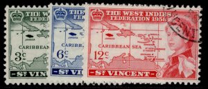 ST. VINCENT QEII SG201-203, 1958 Caribbean set, FINE USED.