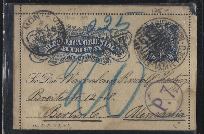 URUGUAY (P0105B)  1908 PS LETTER CARD MONTEVIDEO TO GERMANY