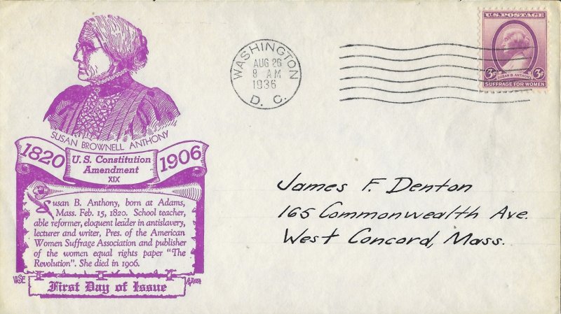 1936 FDC, #784, 3c Susan B. Anthony, 4 diff. cachets
