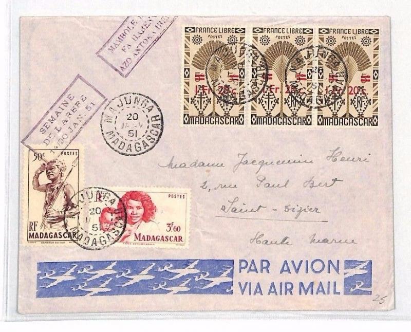 BH197 1951 French Cols MADAGASCAR LEBANON Beirut Airmail Cover