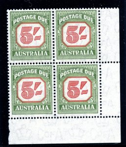 Australia 1953 QEII Postage Due 5s carmine & deep green block MNH. SG D131a.