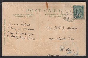 1908 “CAN PAAC RY MANOTIC” blue double circle on postcard Ottawa (JAN 6 0...