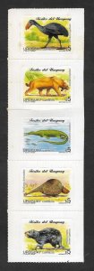 SE)1997 URUGUAY, PREHISTORIC FAUNA, FOSSILS OF URUGUAY, STRIP OF 5 SCTICKER MNH