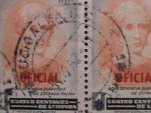 HONDURAS-1952 OFFICIAL STAMPS- CTO PAIRS-NH VF WITH FANCY CANCEL
