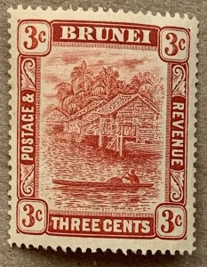 Brunei 1908 3c carmine double plate, unused.  Scott 18, CV $8.00. SG 37