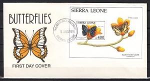 Sierra Leone, Scott cat. 1405. Butterfly s/sheet on a First day cover.