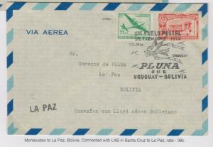 O) 1955 URUGUAY, FIRST FLIGHT POSTCARD 1955 BOLIVIA- CONNECTED WITH LAB IN SANTA