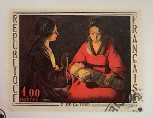 France 1966 Scott 1150 used - 1.00fr, Painting,by G. de La Tour, The new born