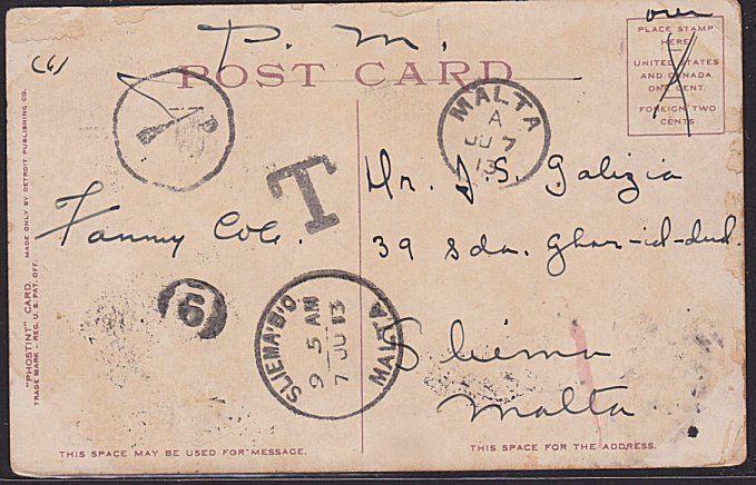 MALTA 1910 1d in circle due on postcard ex USA  Postmans Number 9...........6478