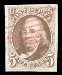1, $425, 1847 5c red brown, red cancel, nice margins, minute flaws