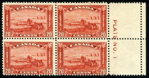 Canada #175 Cat$195, 1930 20c Harvesting Wheat, plate number block of four, h...