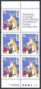 Canada #1341a 80¢ Sinterklaas (1991). Pane of 5 stamps. MNH