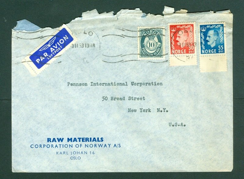 Norway. 1953. Cover Commercial.  Raw Material: Multi Franking. N.Y. USA