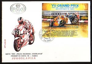 Yugoslavia, Scott cat. 1963. Motorcycle Racing s/sheet. First day cover. ^