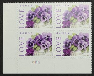 USA, 2010, SC# 4450, Plate Block, Pansies Basket, Love Stamp, Unused, MNH, VF