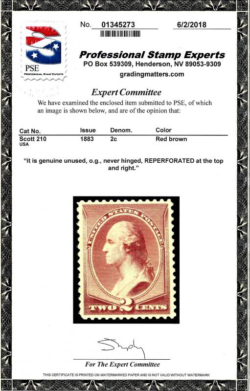 #210 Mint,OG,NH... PSE Cert... SCV $135.00... What a nice looking stamp