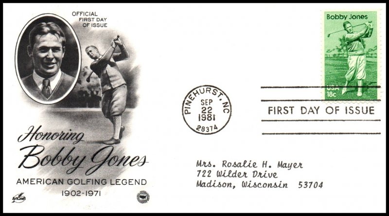 US 1933 Bobby Jones PCS Artcraft Variety Typed FDC