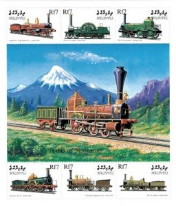 Maldives 1999 - Wonderful World of Trains - Sheet of 6 Stamps - Scott 2400 - MNH