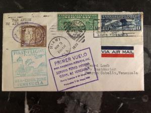 1930 Miami Fl USA First Flight airmail cover FFC To Venezuela Postage Due