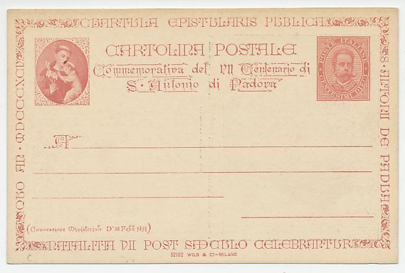 Postal stationery Italy 1894 St. Anthony of Padua 