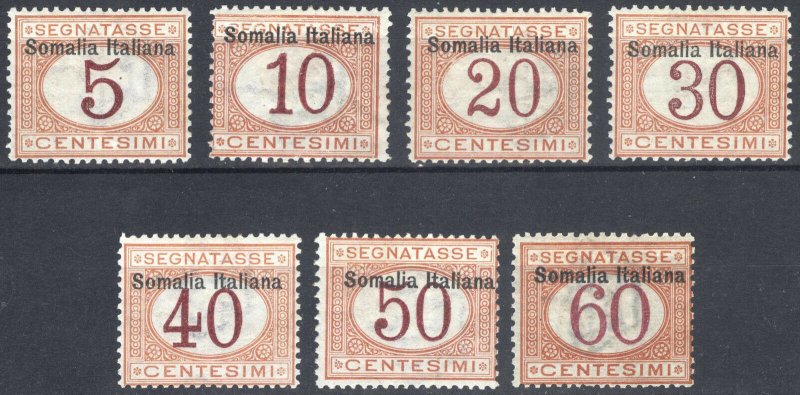 Somalia 1909 5c-60c Buff&Mag Post Due Scott J12-J18 SG D28-D34 LMM/MLH Cat$276