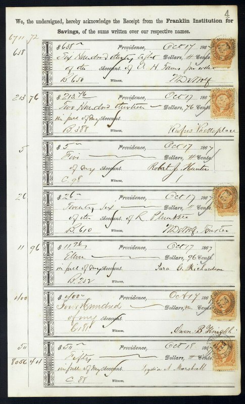 1867 Bank ledger page with R6c Bank Check revenue stamps handstamp cancels L4