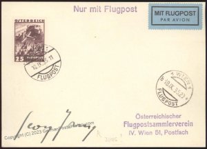 Austria 1931 Vienna Flight Flugpost Airmail Cover Georg Jung Signed 110612