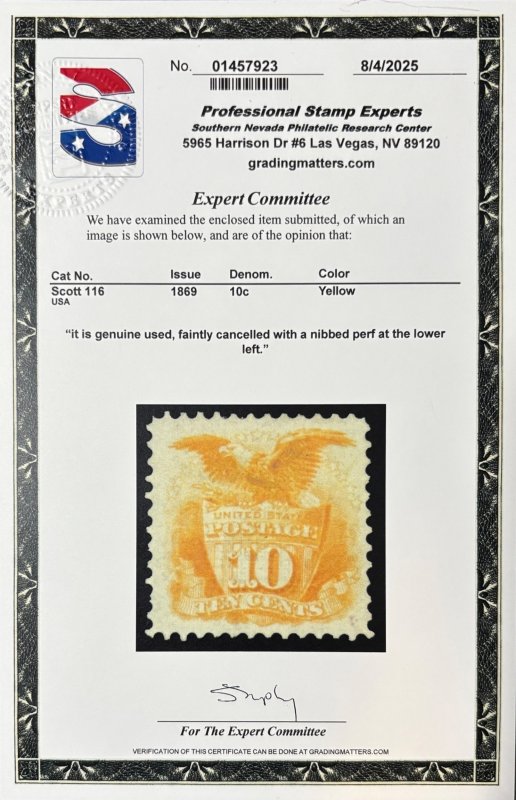 US #116 USED XF With PSE Cert