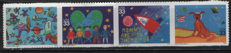 US 3417a  MNH  STAMPIN THE FURTURE SRIP OF 4,  2000