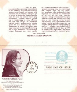 USA 1976 FDC Sc UY27 Caesar Rodney Fleetwood Cachet Paid Reply Postal Card