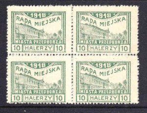 POLAND 10h PERF BLOCK 4 RADA MIEJSKA 1918 LOCAL NO GUM AS ISSUED SOUND