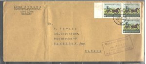 GERMANY TO CANADA,1953, #69x3, NO CANCELLATION ON REVERSE, LETTER INSIDE