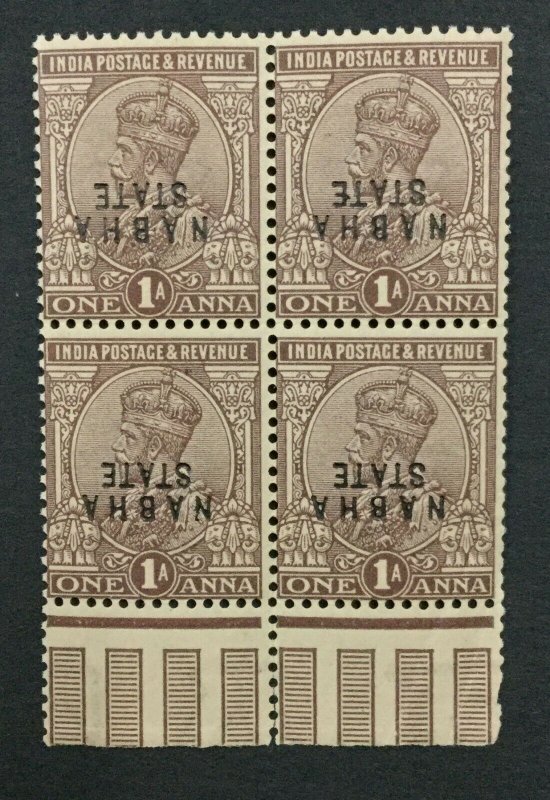 MOMEN: INDIA NABHA SG #62 VAR. INVERTED OVPT BLOCK MINT OG NH LOT #193898-2403