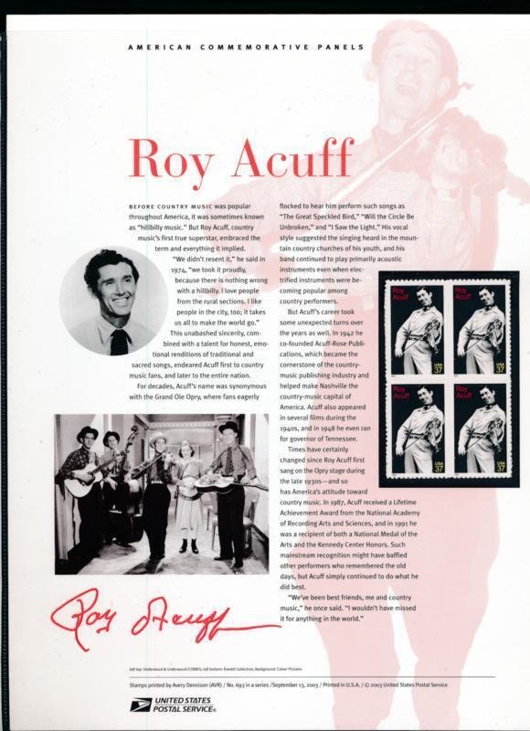 USPS 2003 COMMEMORATIVE PANEL #3812 ROY ACUFF