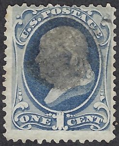 United States #156 1¢ Benjamin Franklin (1873). Ultramarine. Used.